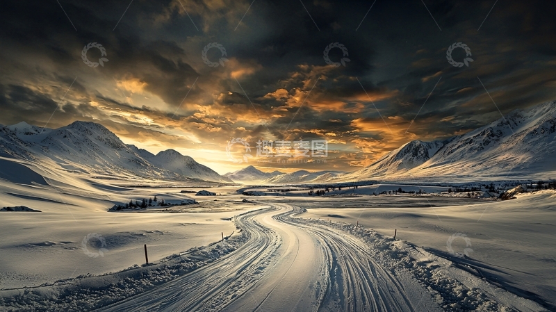 高清大图下载【趣麦麦图】冰雪覆盖的道路通向远方