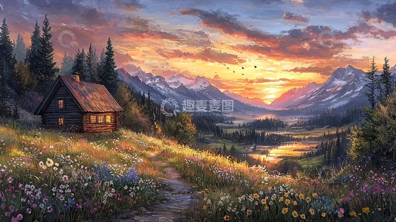 高清大图下载【趣麦麦图】夕阳下的山间小屋