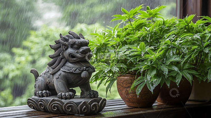 高清大图下载【趣麦麦图】石狮子盆栽窗边特写