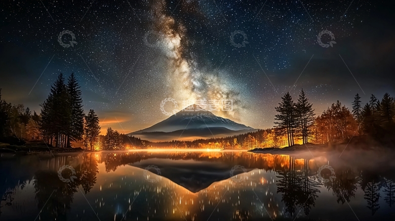 高清大图下载【趣麦麦图】宁静湖面上的星空山景