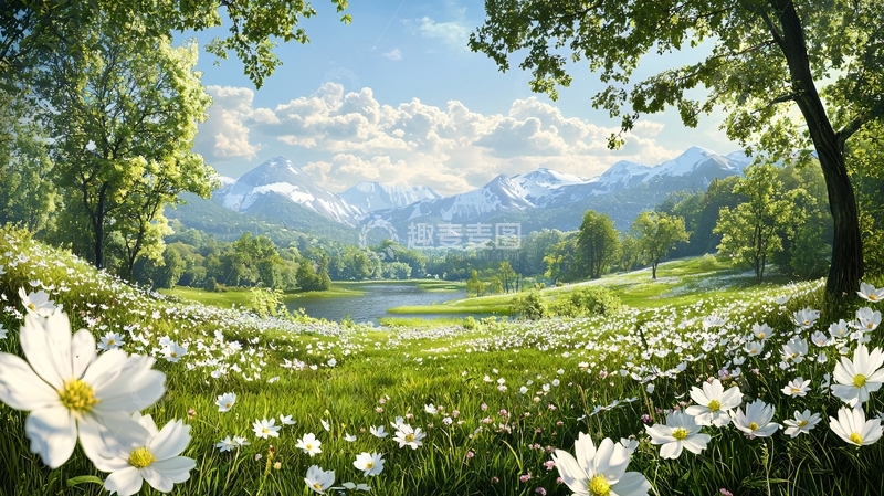 高清大图下载【趣麦麦图】美丽山景与花田