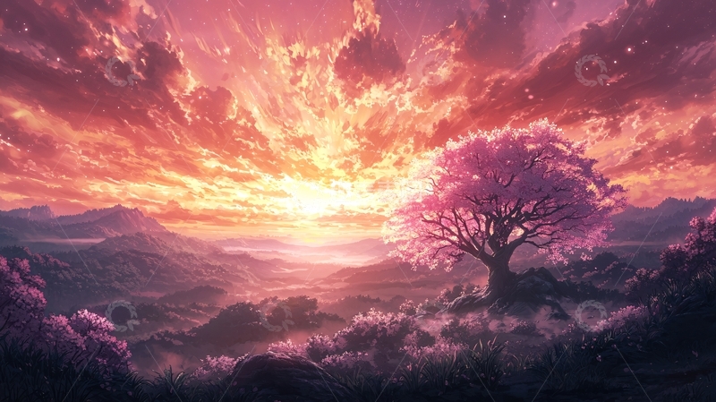 高清大图下载【趣麦麦图】粉色天空下的树