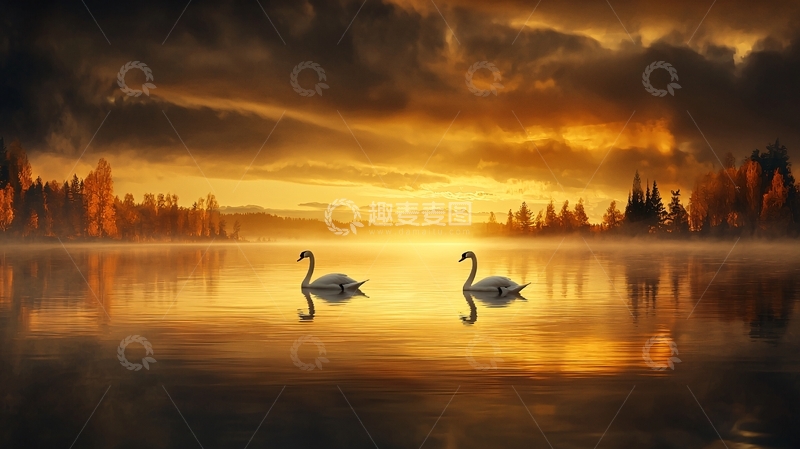 高清大图下载【趣麦麦图】金色湖面上的两只天鹅