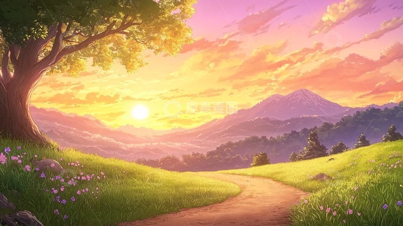 高清大图下载【趣麦麦图】日落山水田园风光