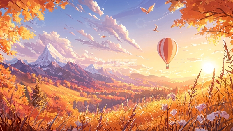 高清大图下载【趣麦麦图】秋日山谷热气球
