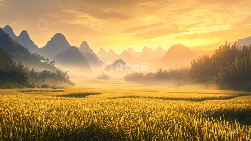 高清大图下载【趣麦麦图】金色田野山峦云雾缭绕
