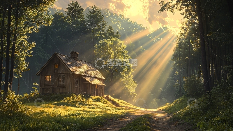 高清大图下载【趣麦麦图】森林小屋阳光洒射