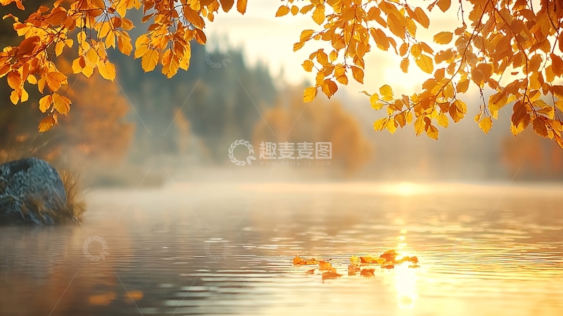 高清大图下载【趣麦麦图】秋日湖面金色阳光洒落