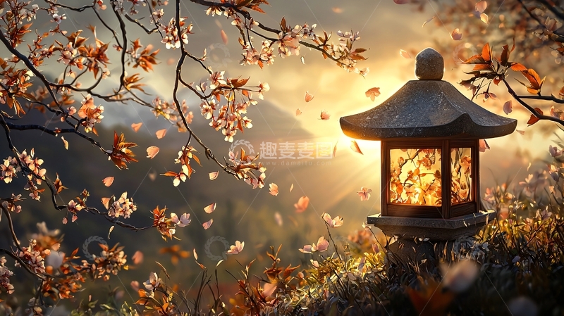 高清大图下载【趣麦麦图】日式庭院灯笼与花