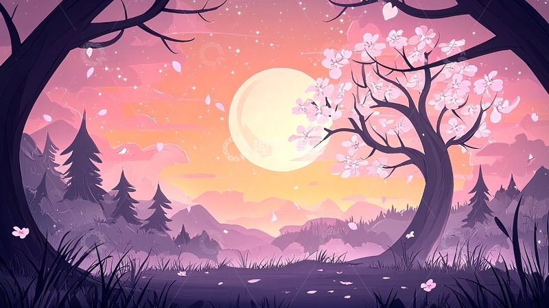 高清大图下载【趣麦麦图】粉色月夜下的樱花树林