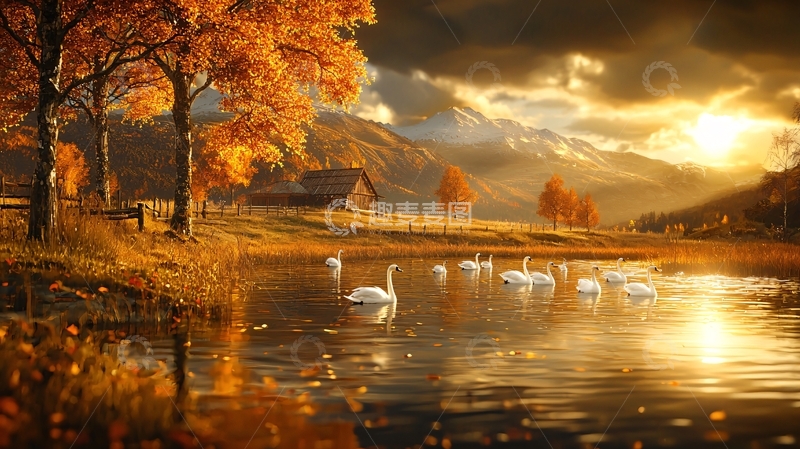 高清大图下载【趣麦麦图】秋日湖面天鹅金色光辉