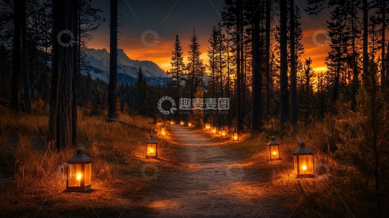 高清大图下载【趣麦麦图】森林小路灯光夜景