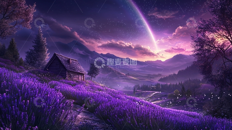高清大图下载【趣麦麦图】紫色薰衣草田野星空
