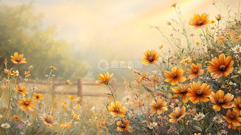 高清大图下载【趣麦麦图】温暖阳光下的野花田