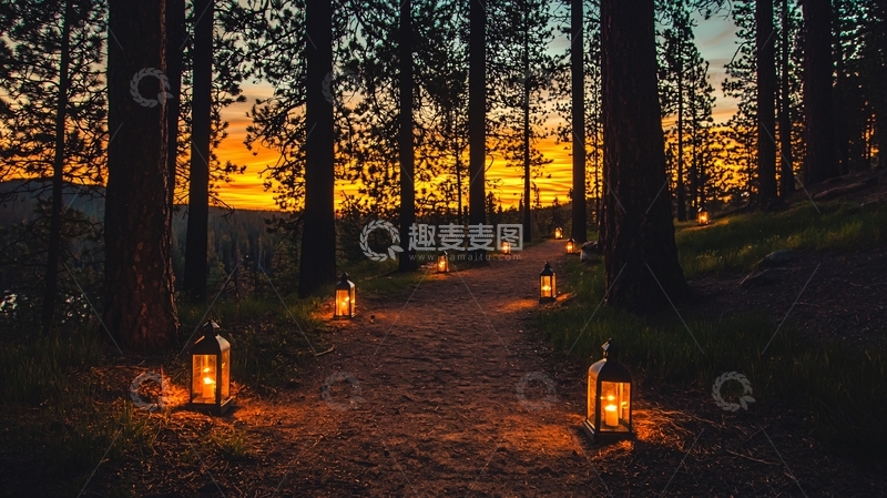 高清大图下载【趣麦麦图】森林小路上的灯笼