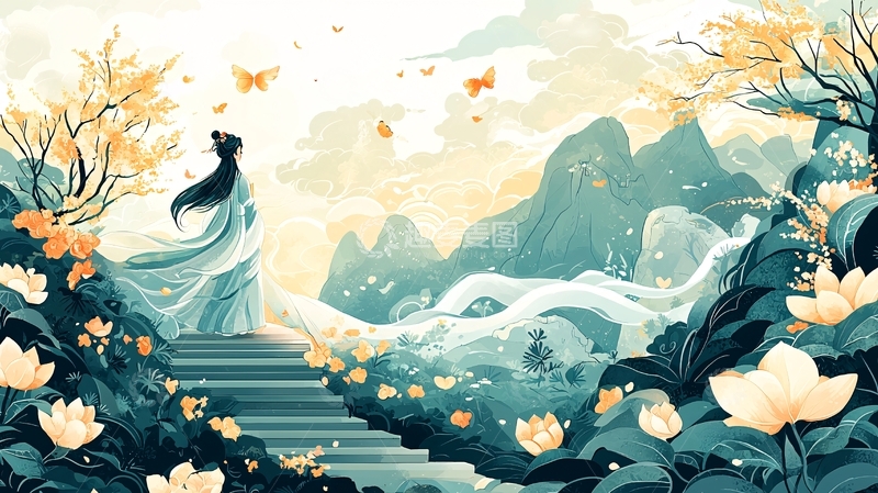 古风女子观山赏景