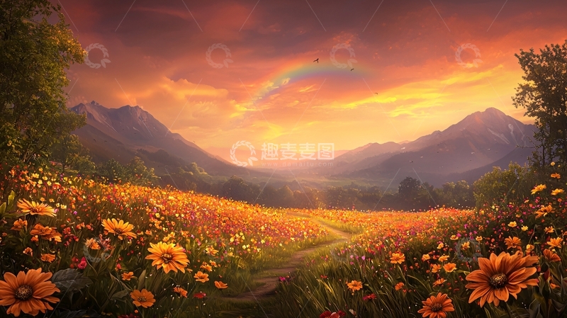 高清大图下载【趣麦麦图】金色花田日落山景