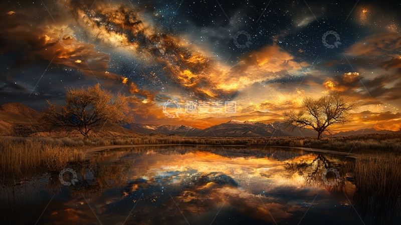 高清大图下载【趣麦麦图】-金色天空下的倒影