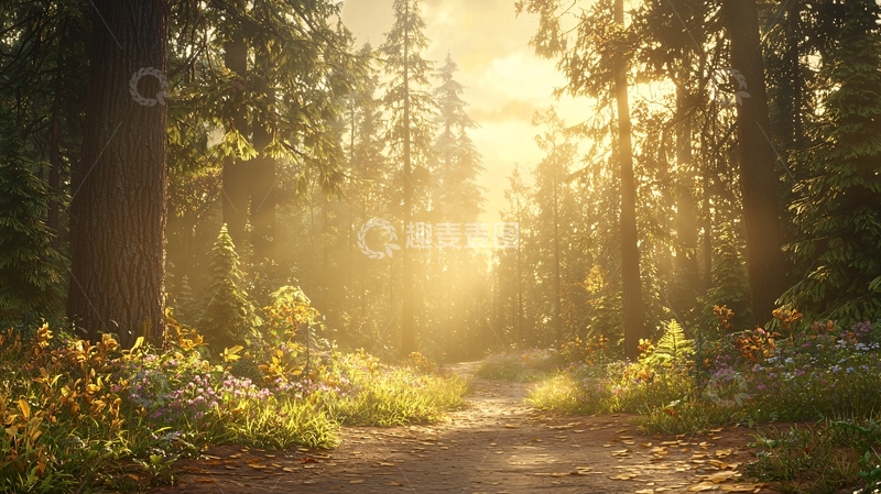 高清大图下载【趣麦麦图】阳光穿过树林的森林小路