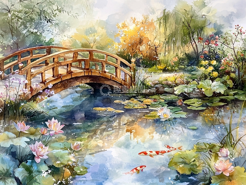 高清大图下载【趣麦麦图】水彩桥梁锦鲤莲花池塘