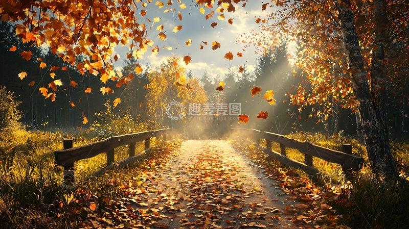高清大图下载【趣麦麦图】秋日阳光下的落叶小路