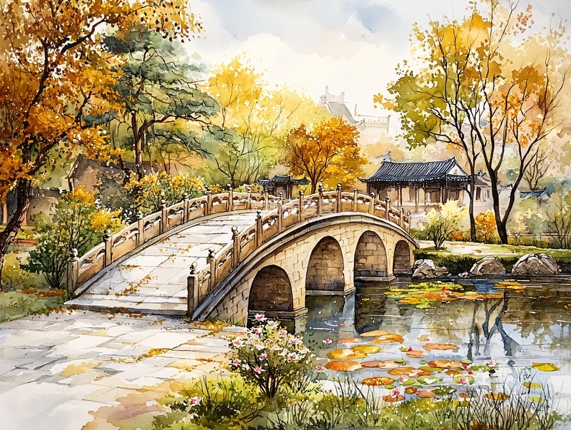 高清大图下载【趣麦麦图】秋日园林石桥水彩画