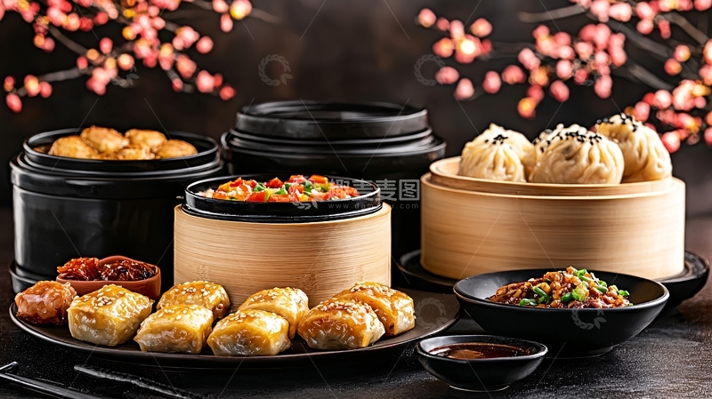 高清大图下载【趣麦麦图】中式点心与梅花背景