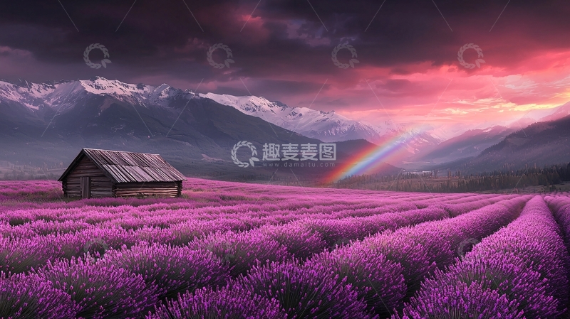 高清大图下载【趣麦麦图】紫色花田小屋