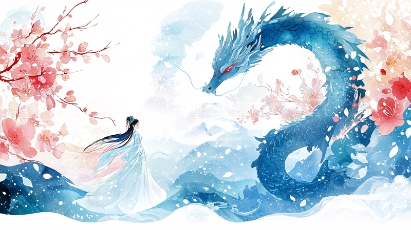 水墨风女子与龙的相遇