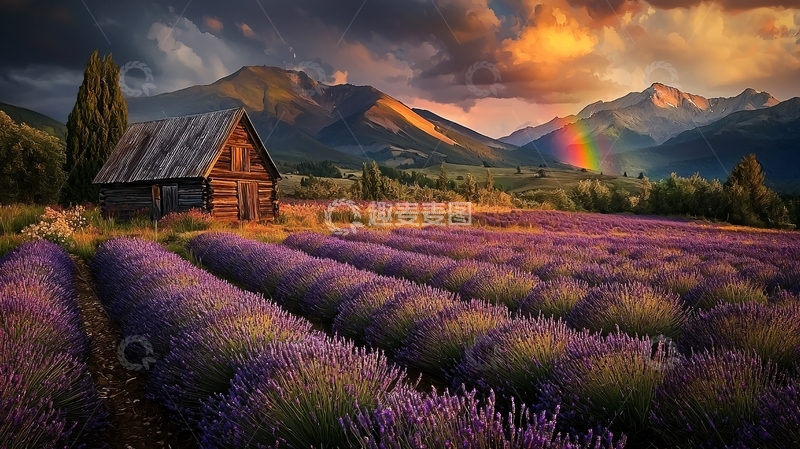 高清大图下载【趣麦麦图】薰衣草田野小屋彩虹日落