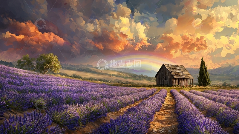 高清大图下载【趣麦麦图】薰衣草田野中的小屋