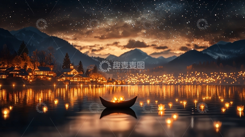 高清大图下载【趣麦麦图】宁静湖面星空夜景小船