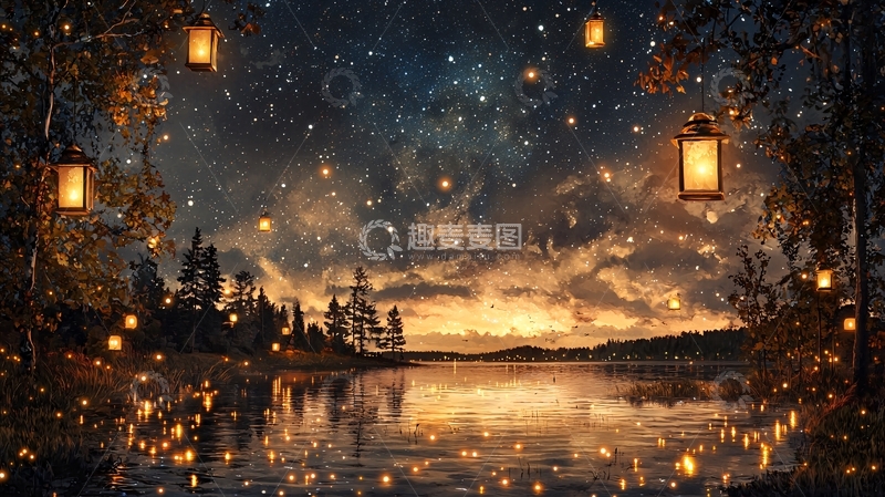 高清大图下载【趣麦麦图】星空下湖面倒影灯光夜景