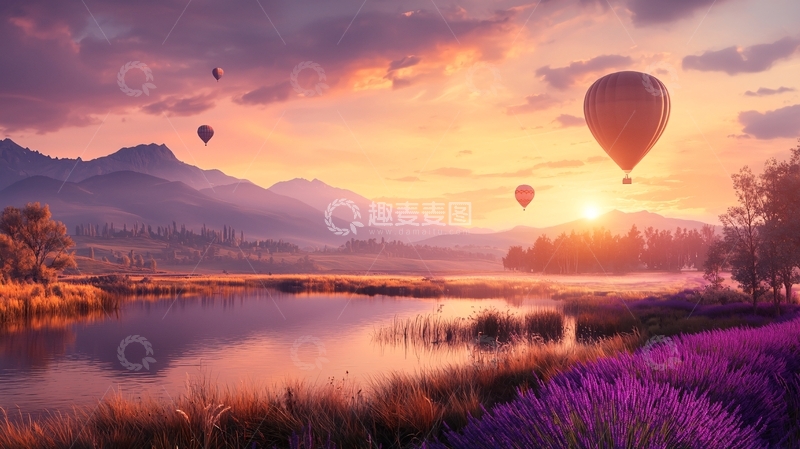高清大图下载【趣麦麦图】热气球飞行在湖面之上