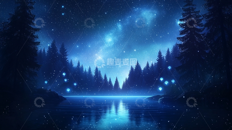 高清大图下载【趣麦麦图】宁静夜晚森林湖泊