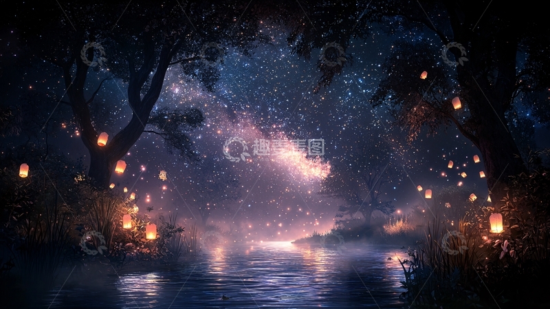 高清大图下载【趣麦麦图】梦幻森林中的灯笼夜景