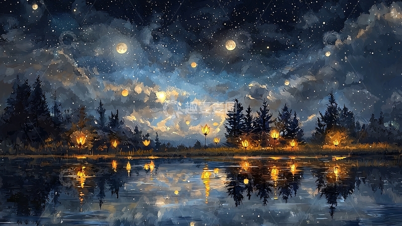 高清大图下载【趣麦麦图】湖边夜晚星光点点
