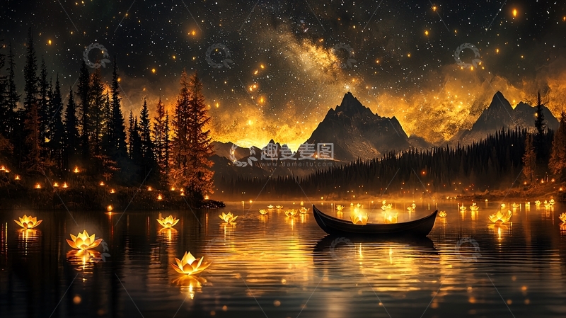 高清大图下载【趣麦麦图】夜空星光湖畔城堡