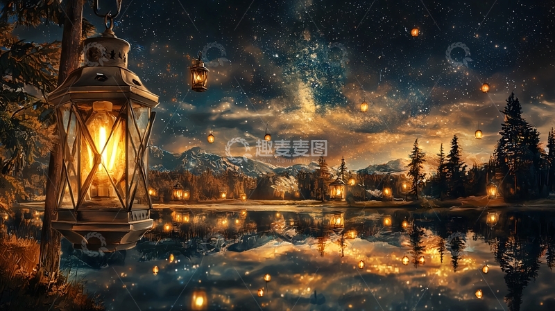 高清大图下载【趣麦麦图】夜空下的湖边灯光景色