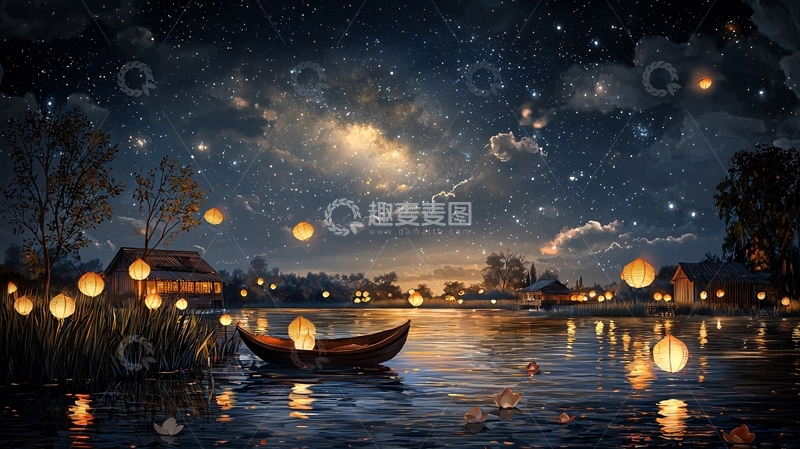 高清大图下载【趣麦麦图】湖面上的灯笼夜景