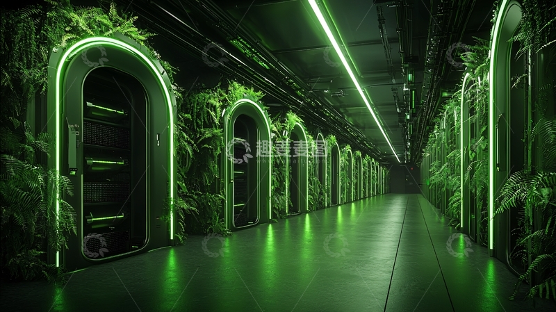 高清大图下载【趣麦麦图】绿色霓虹灯照亮的科幻走廊