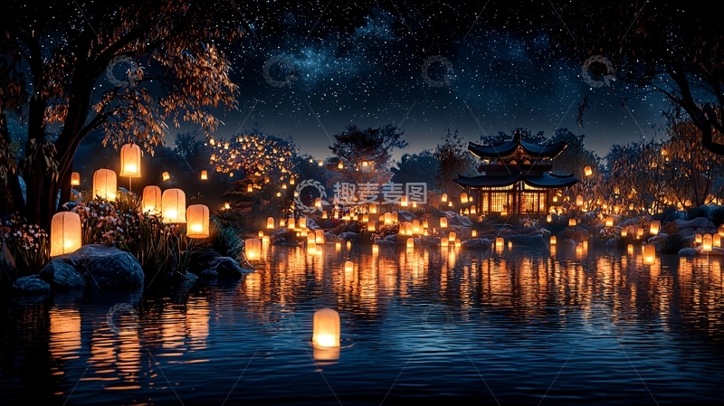 高清大图下载【趣麦麦图】湖面漂浮灯笼的夜晚