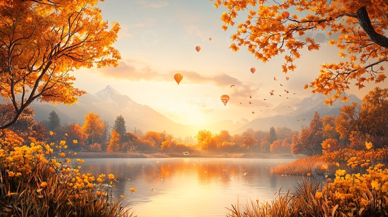 高清大图下载【趣麦麦图】秋日湖畔的金色景色