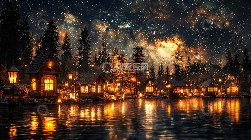 高清大图下载【趣麦麦图】宁静湖畔星空下的小屋夜景