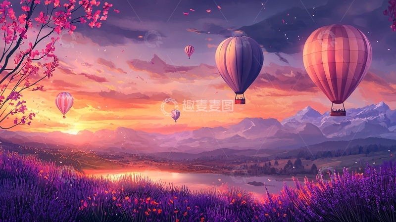 高清大图下载【趣麦麦图】热气球在紫色田野上飞翔