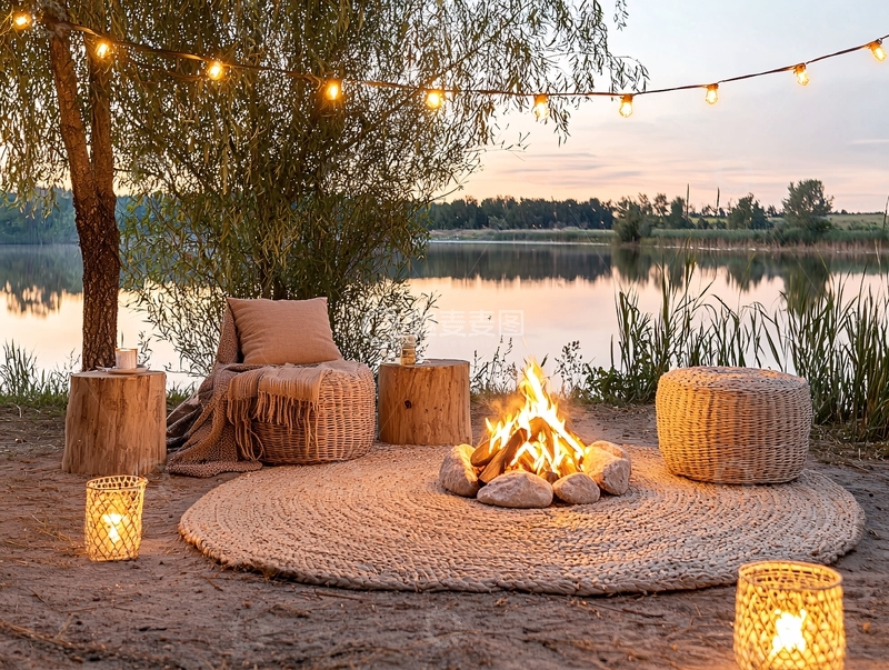 高清大图下载【趣麦麦图】湖边篝火休闲场景