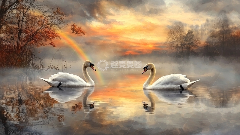 高清大图下载【趣麦麦图】湖中两只天鹅