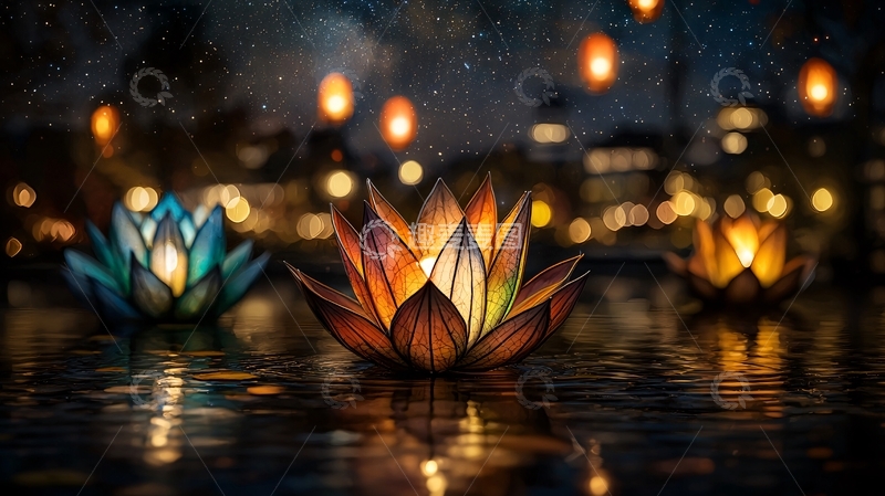 高清大图下载【趣麦麦图】水面漂浮的莲花灯