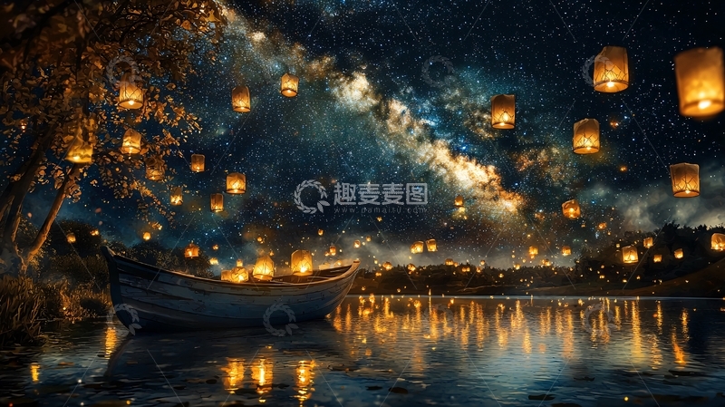 高清大图下载【趣麦麦图】灯笼点亮湖面夜景