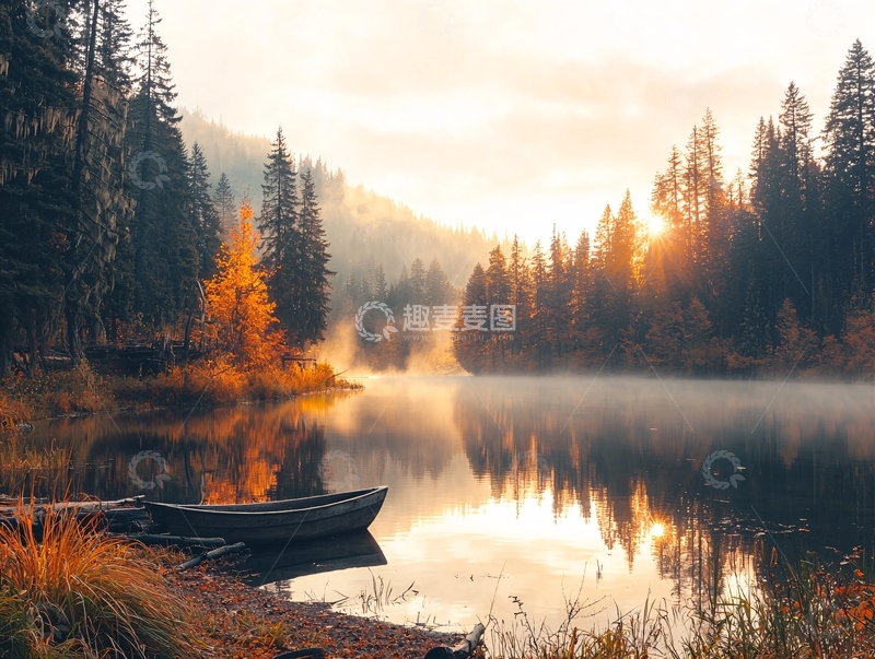 高清大图下载【趣麦麦图】湖边森林日出雾气小船
